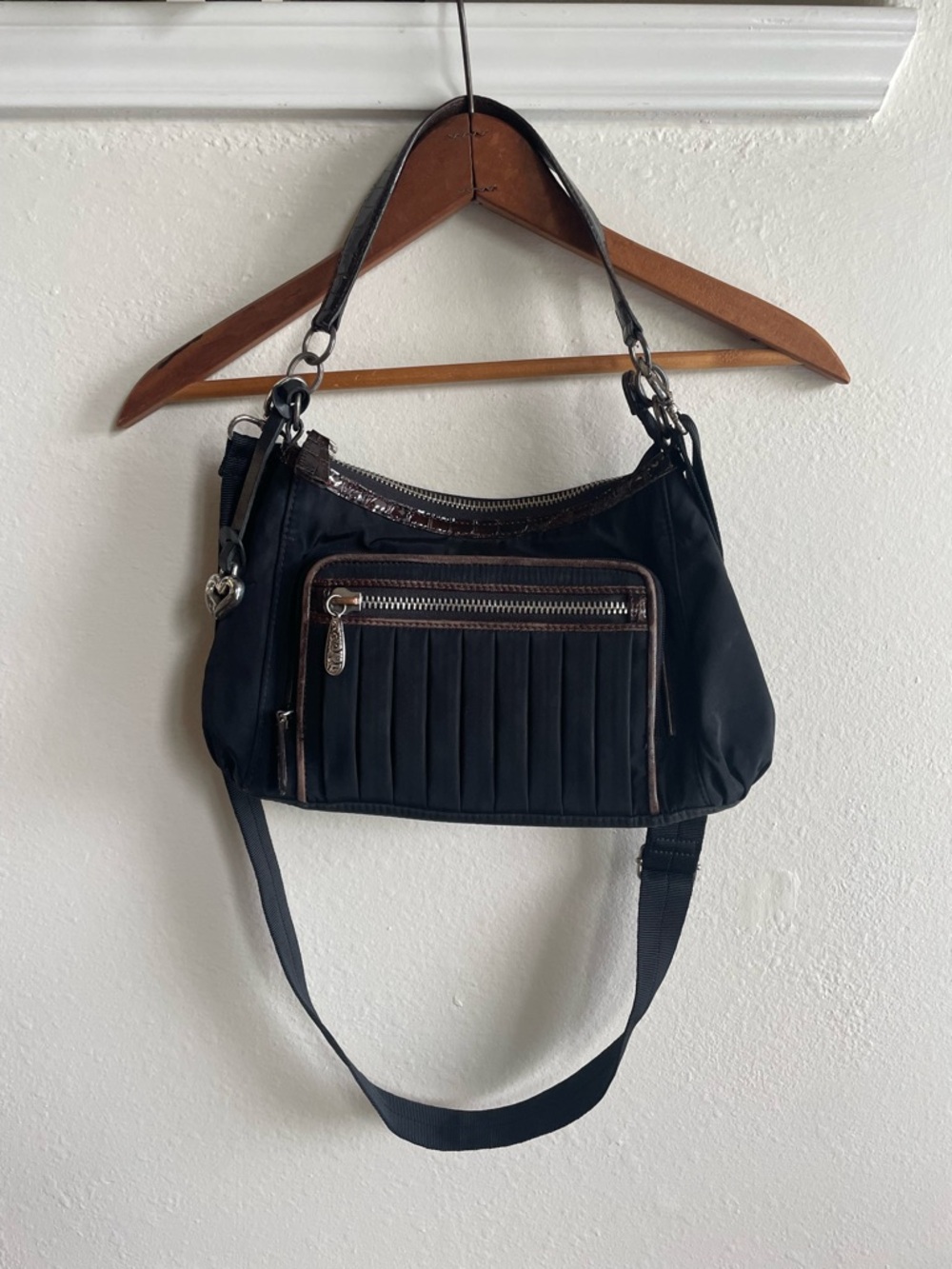 Vintage Brighton Black Nylon Pleated Shoulder Bag w/ Crocodile Trim